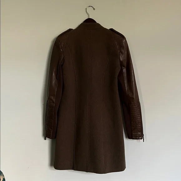 BCBGMaxAzria Army Green Wool coat jacket w100% brown leather collar & sleeves XS - Picture 6 of 13